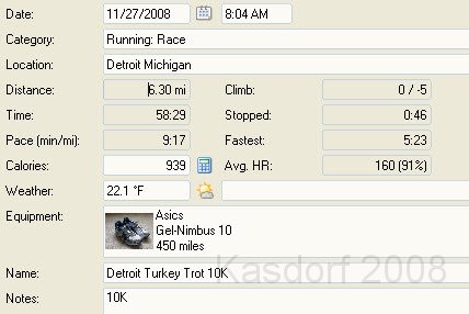 Detroit Turkey Trot 2008 10K 0685.jpg - The time from the Garmin, a couple minutes different, which is the time it took to cross the start line from the gun.